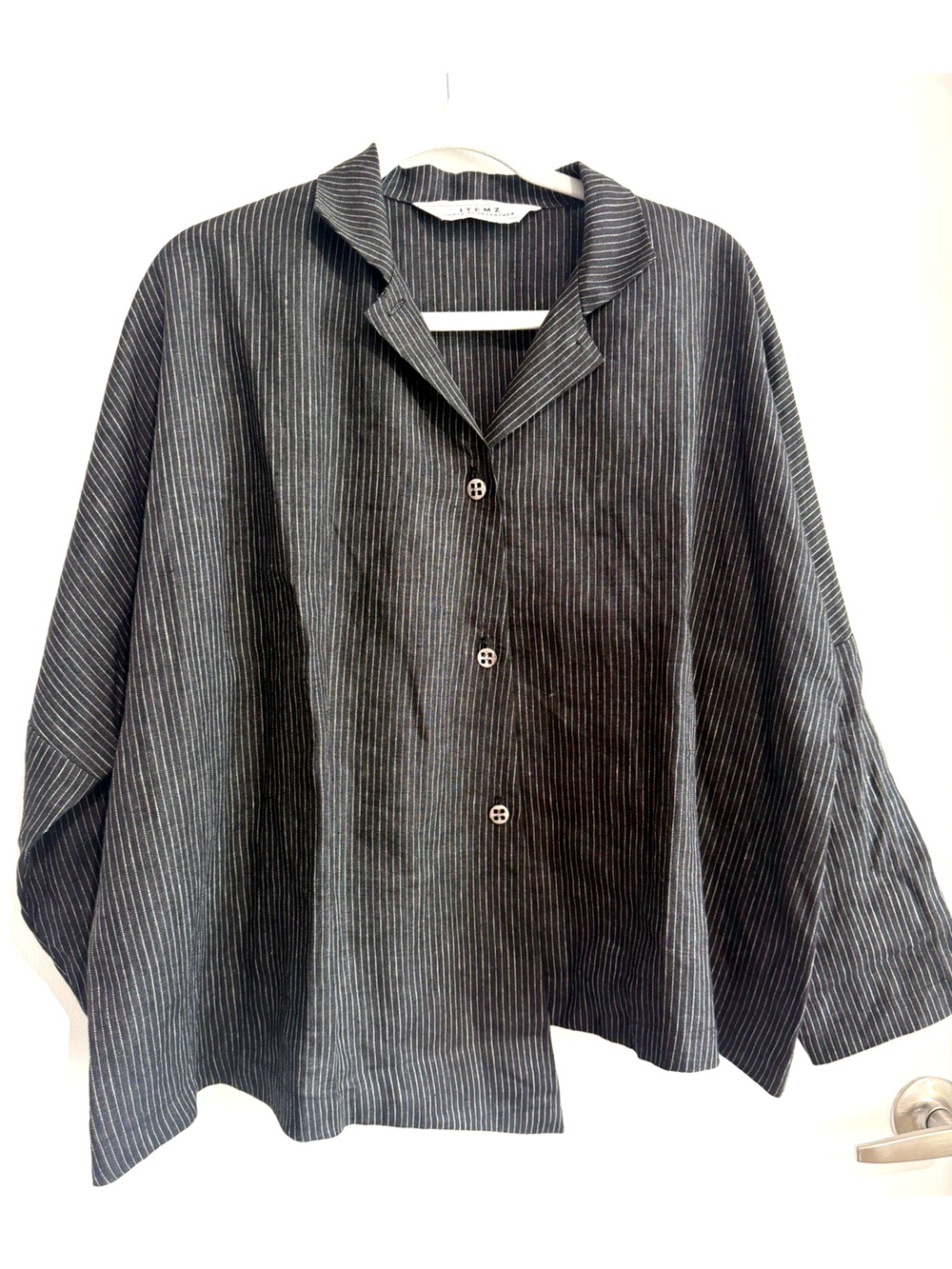 ITEMZ Lagenlook Art Black striped Linen Boxy Asymmetrical Top Jacket USA one Sz